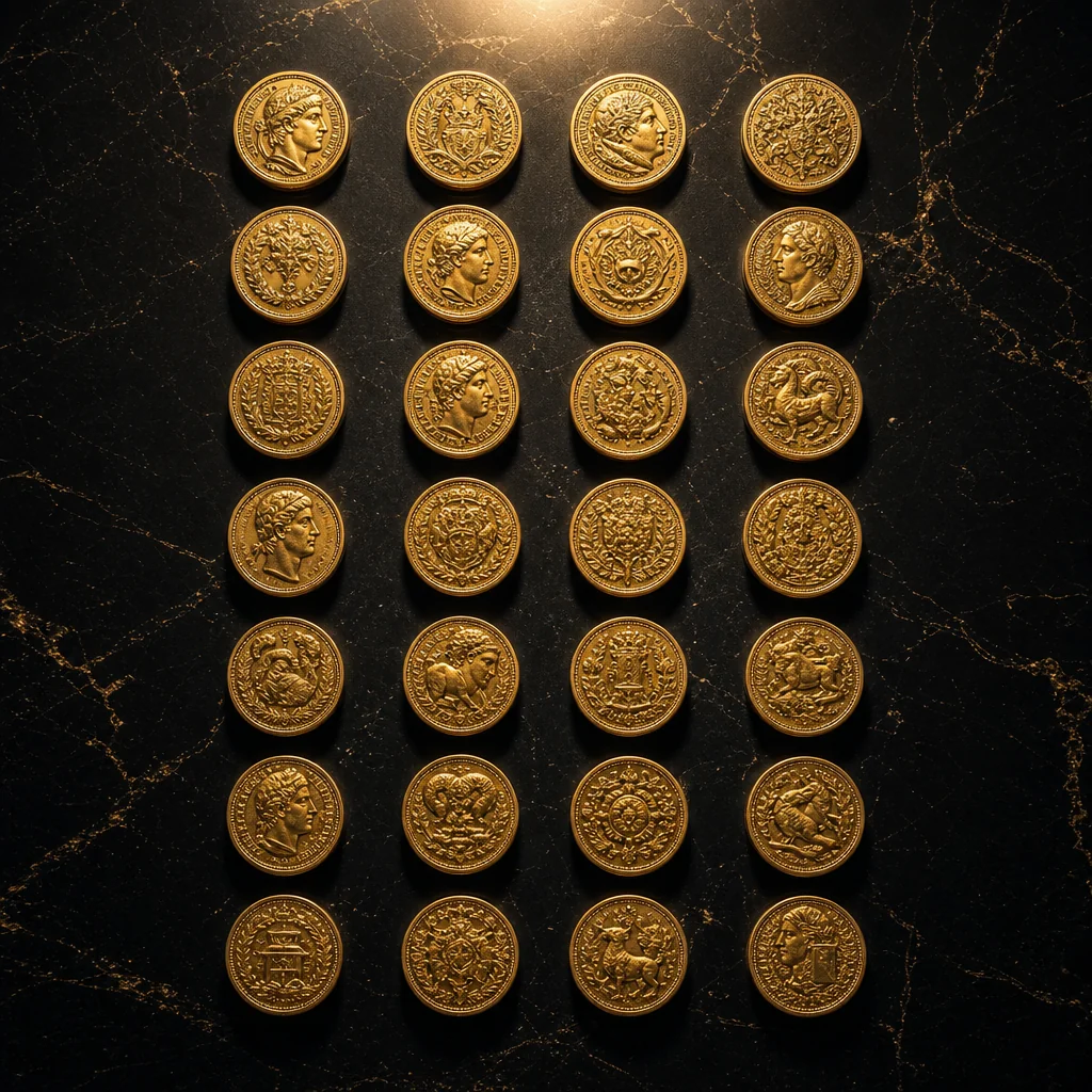 Cascading gold coins rendered in green terminal glow